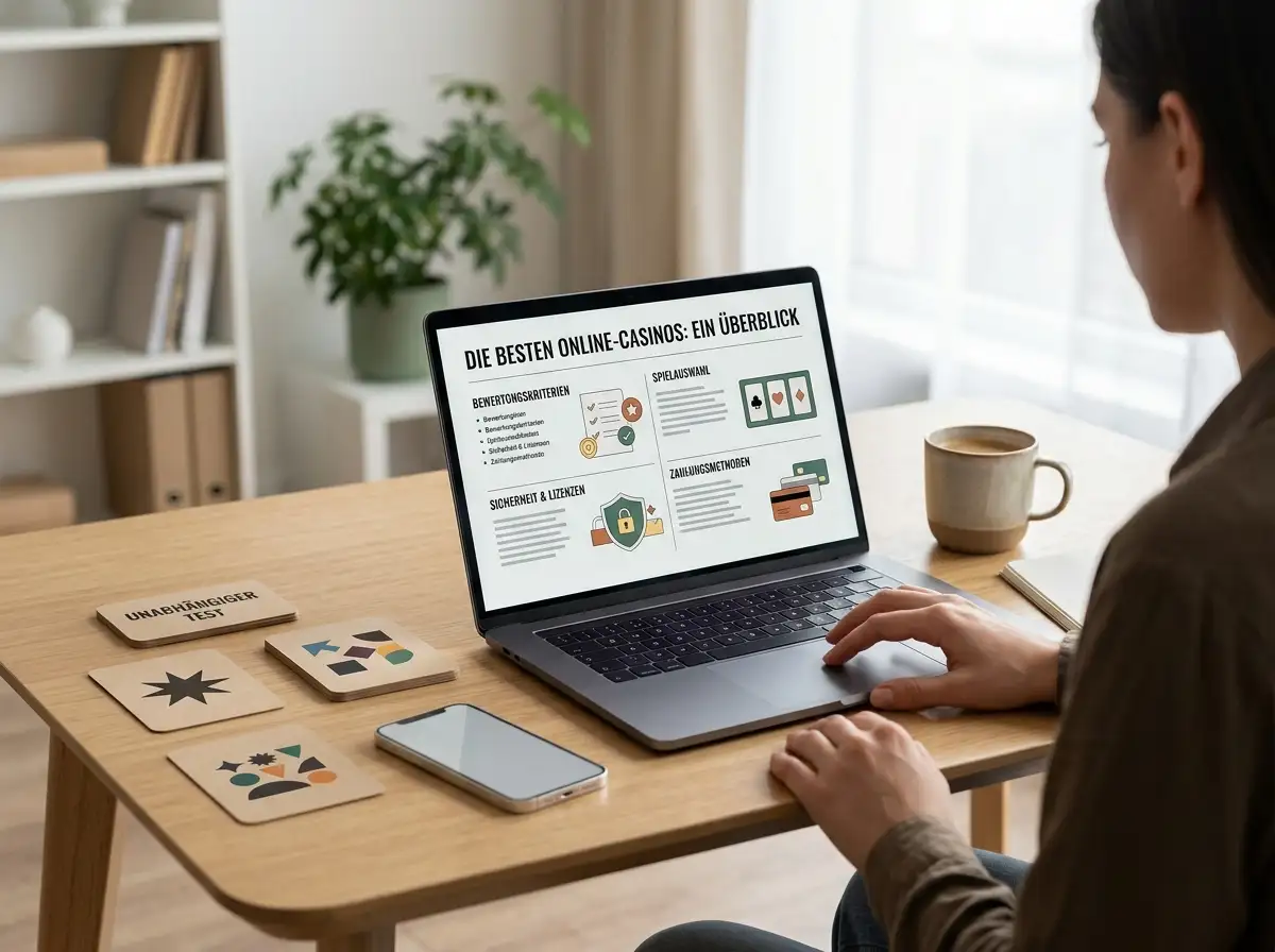 Redaktionelle Szene mit Laptop, Smartphone und abstrakten Spiel- und Zahlungselementen auf einem Schreibtisch