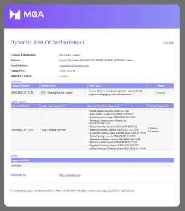 MGA-Autorisierungseintrag für One Casino Limited mit der Domain onecasino.com