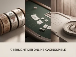Abstrakte Spielkategorien mit Slot-Rastern, Kartentisch und Live-Studioelementen