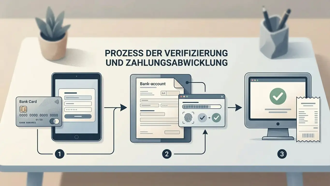 Abstrakte redaktionelle Darstellung eines Zahlungsablaufs zwischen Karte, Bankkonto und Kontoprüfung