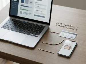 Schreibtischszene mit abstrahierten Karten-, Bank- und Wallet-Symbolen entlang eines Zahlungsablaufs